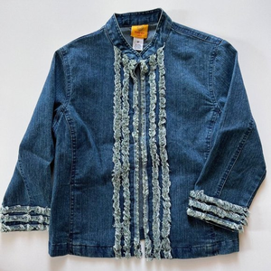 Ruby Rd Petite Blazer Denim Jacket Women's Size 8P  3/4 Sleeves Fringe Trim Blue